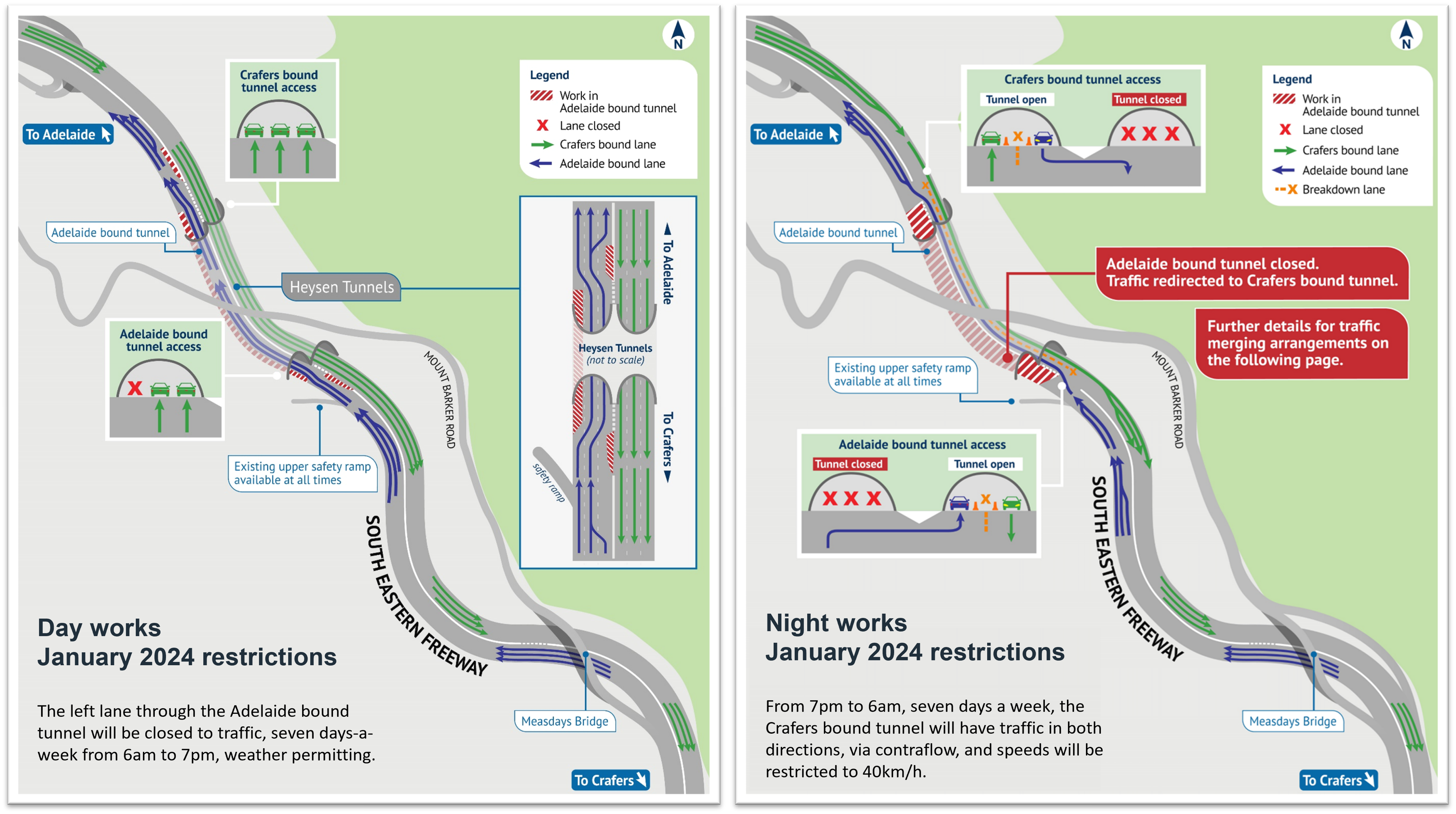 Maps showing the traffic configuration in the tunnels