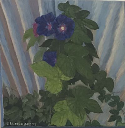 Painting of blue flowers with green leaves