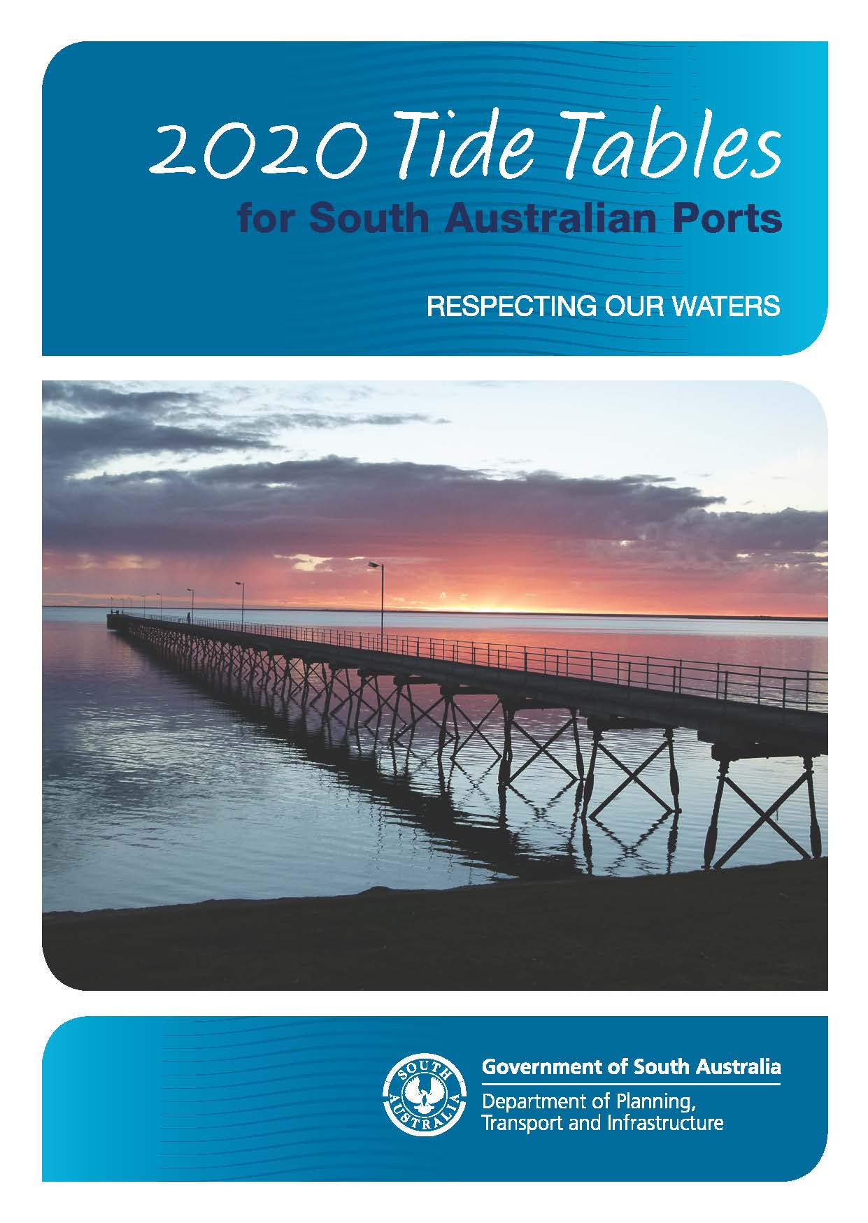 The cover of the Tide Tables book, showing a jetty reaching out into the water, with the title and an SA Government logo