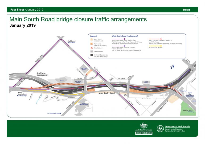 Map of Main South Road bridge closure traffic arrangements