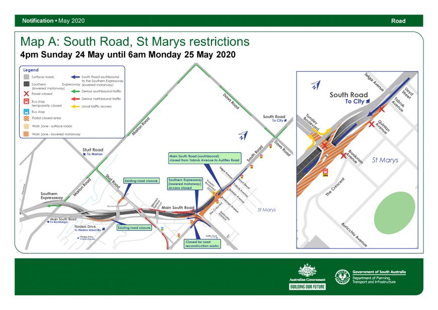 Map A: South Rd, St Marys restrictions - 4pm, Sunday, 24 May until 6am, Monday, 25 May