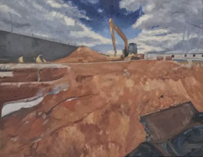 Painting of an excavator digging piles of dirt on construction site