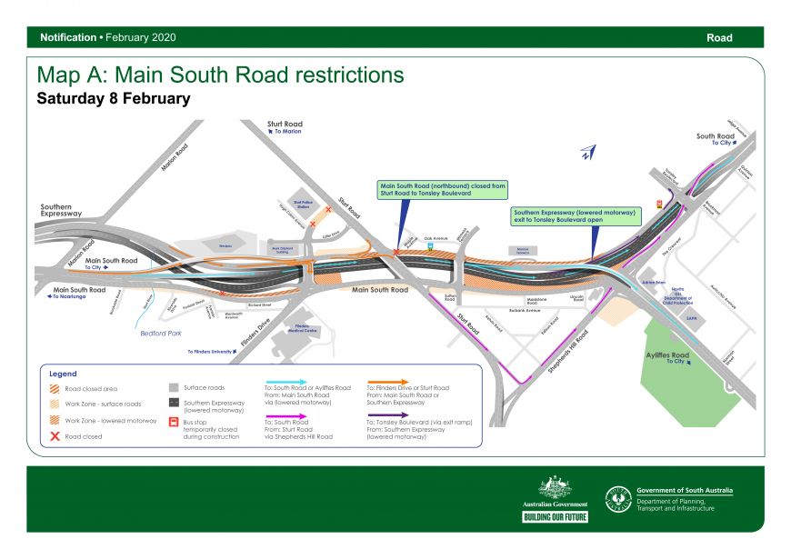Map A: Main South Road restrictions - Saturday 8 February