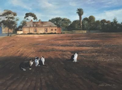 Painting showing five cats sitting on large area of brown dirt with old house with trees in the background