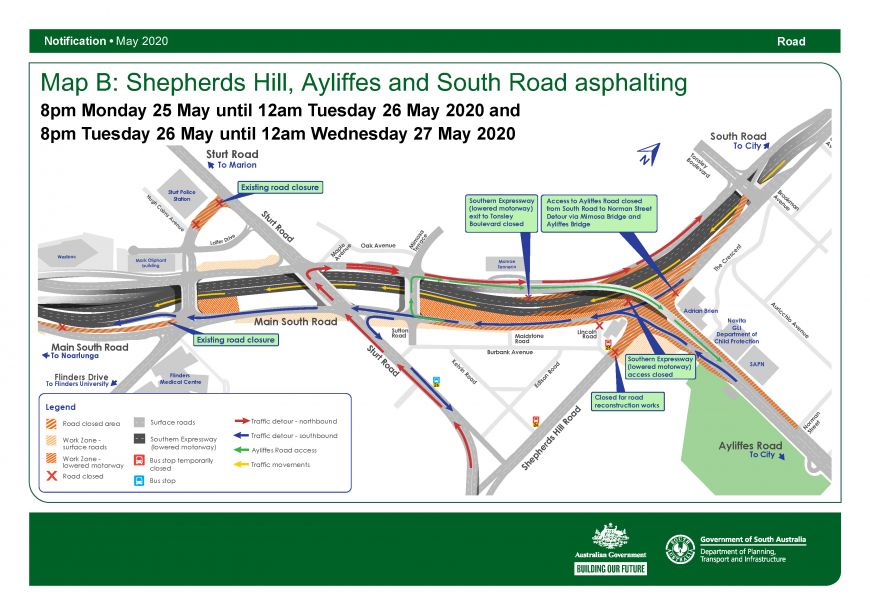 Map B: Shepherds Hill, Ayliffes and South Road asphalting - 8pm, Monday, 25 May until 12am, Tuesday, 26 May, and, 8pm, Tuesday, 26 May until 12am, Wednesday, 27 May