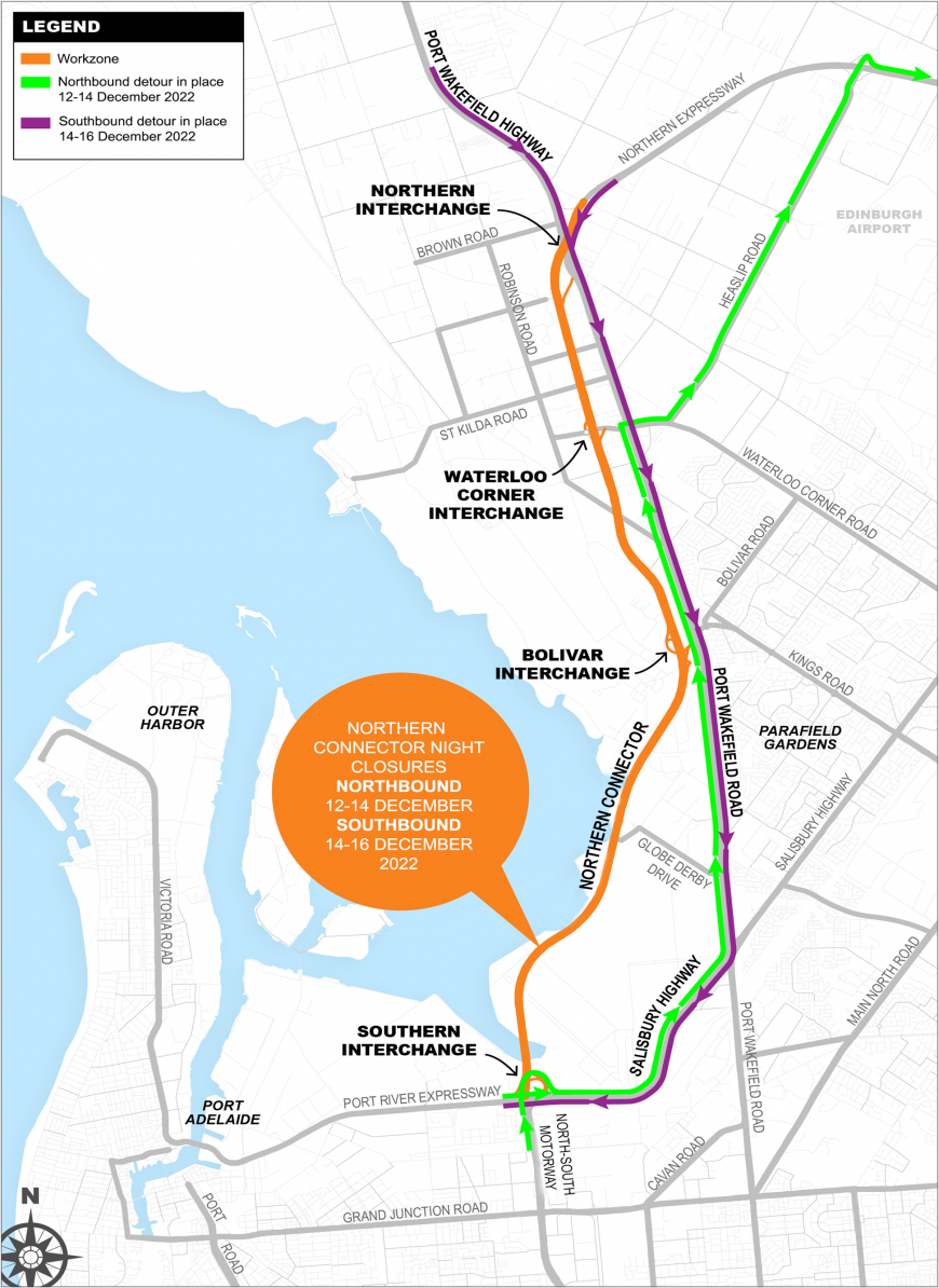 Detour map for Northern Connector line marking works between 12-16 December 