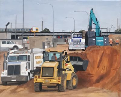 Painting of front-end loader working at pile of dirt with tip truck next to it and excavator and other trucks and the new bridge in the background