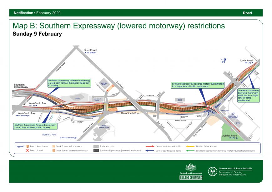 Map B: Southern Expressway (lowered motorway) restrictions - Sunday 9 February