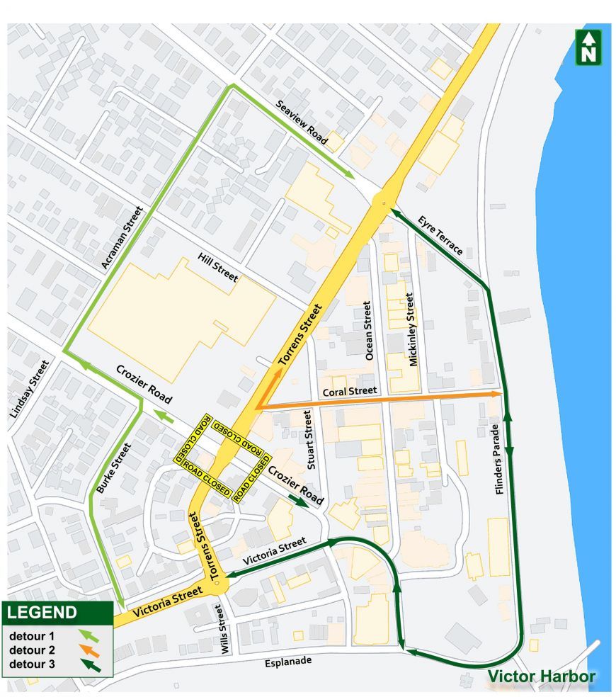 Torrens St/Crozier Rd intersection detour map 27 April - 1 May