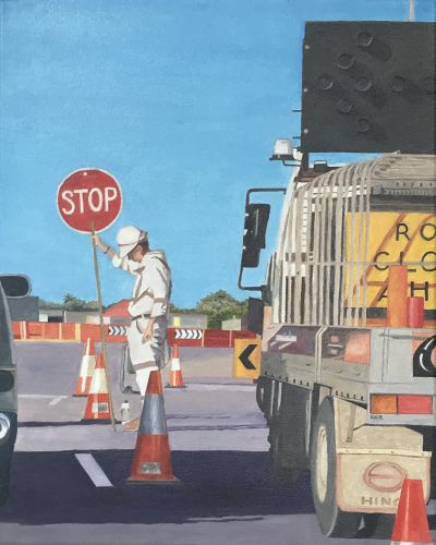 Painting of traffic controller in overalls and a helmet holding a stop sign. There is a truck loaded with traffic signs to the right of the worker.