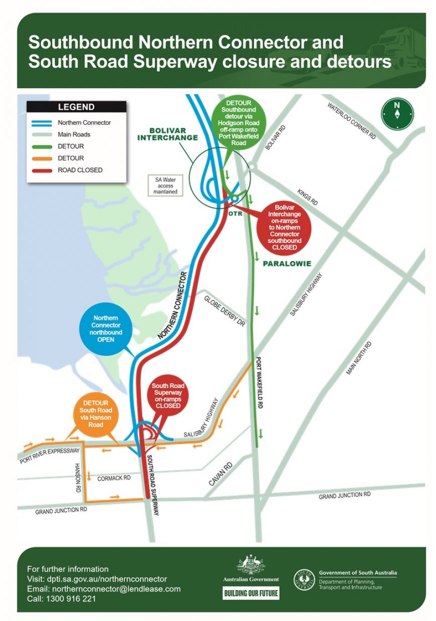 Northbound Northern Connector and South Road Superway closure and detours