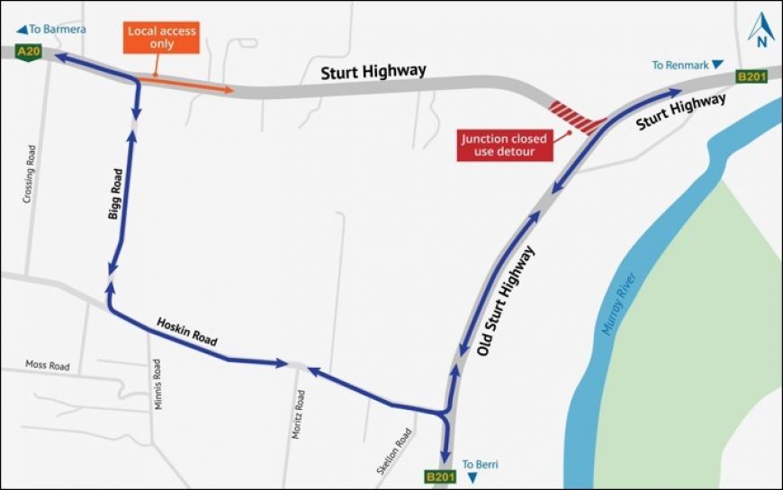 Detour map for closure of Sturt Highway at the junction with Old Sturt Highway junction, north of Berri. Detours in place via Bigg Road, Hoskin Road and Old Sturt Highway.