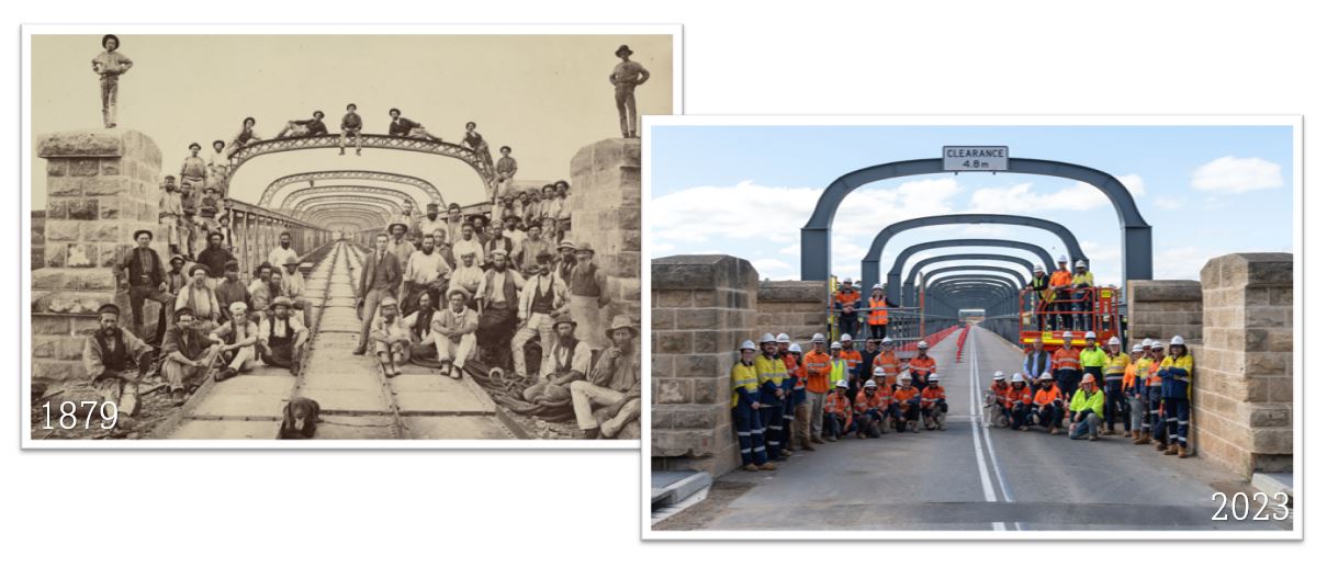 The original and recreated photos of Old Murray Bridge construction crews