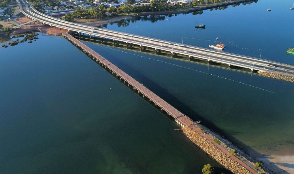 Aerial view of the old and new bridges