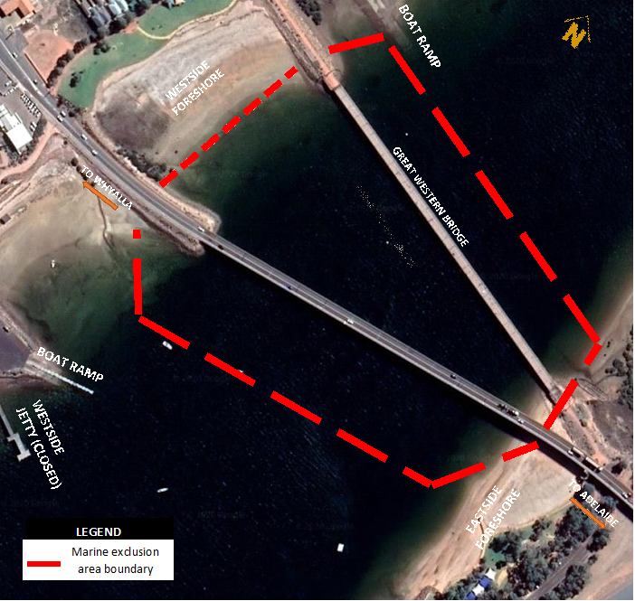 An aerial shot of the current bridge and duplication site and surrounds with a red line marking the exclusion zone.