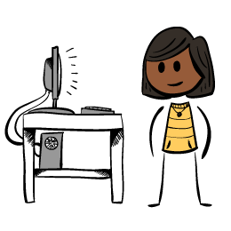 Cartton of a girl standing next to a computer.