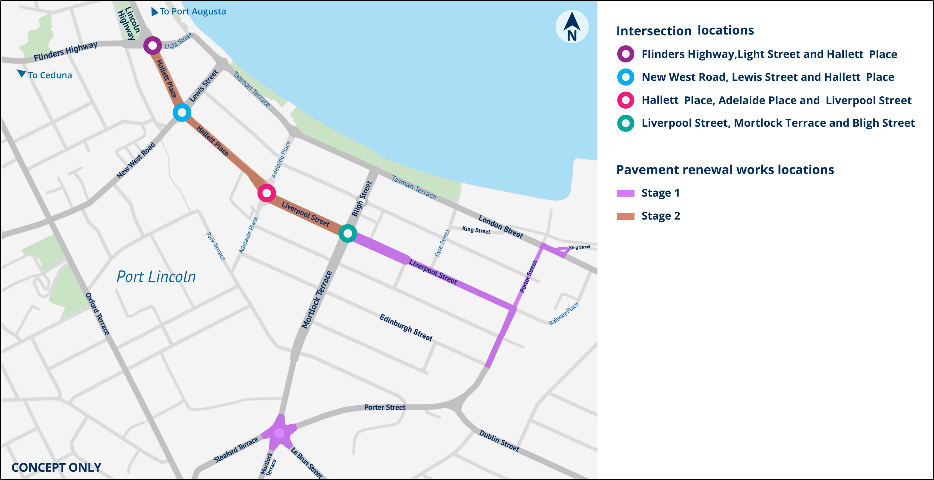 Port Lincoln pavement renewal works and intersection upgrades.